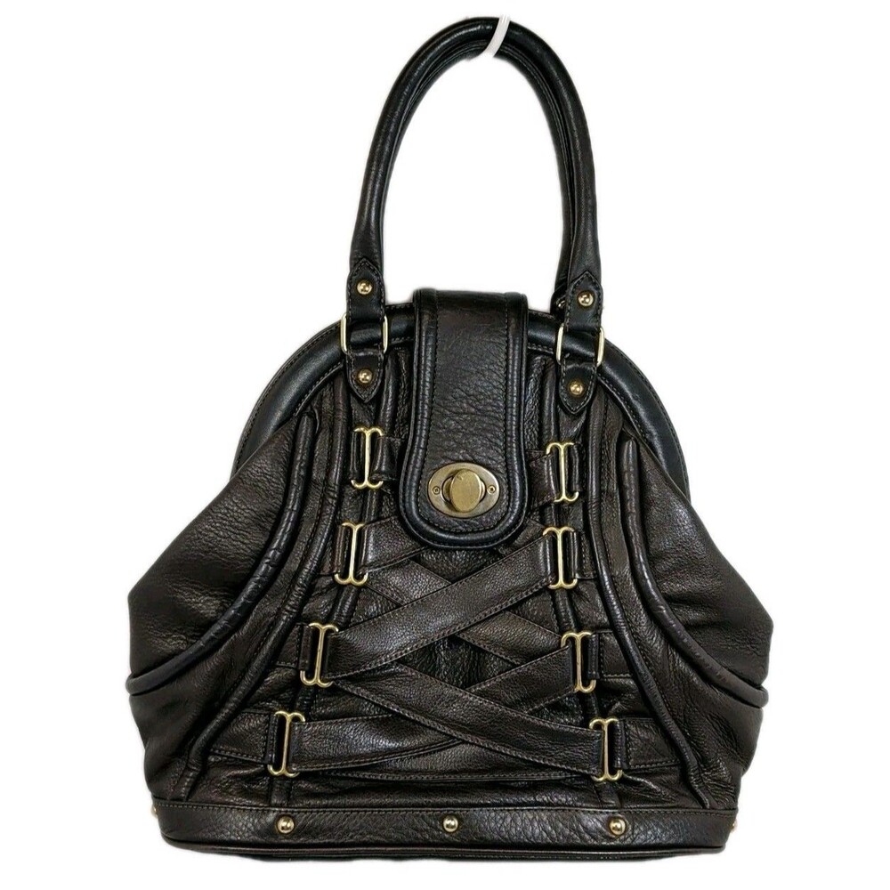 Follis Laced Julia Brown 100% Leather Soft Unique Clamshell Handbag Adj Strap